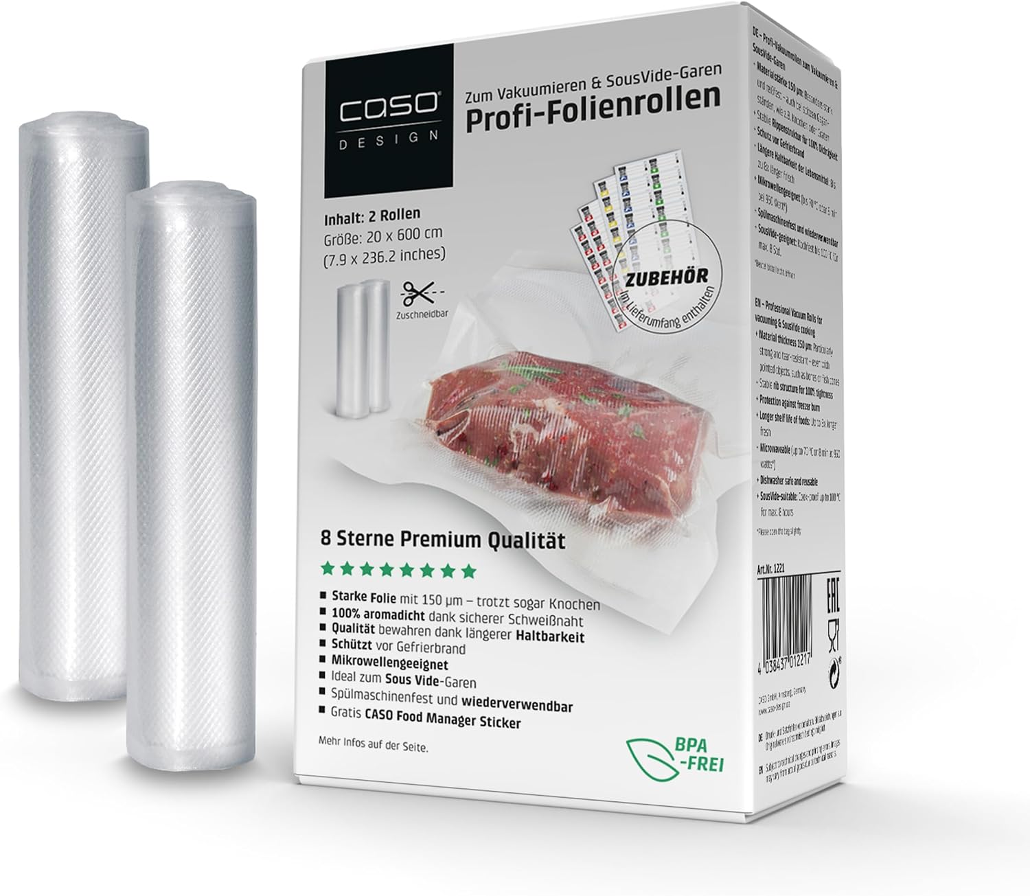 Detalle de CASO 8 Sterne Profi-Vakuumfolienrollen 20 x 600 cm – 2 Rollen, BPA-frei, 150 µm