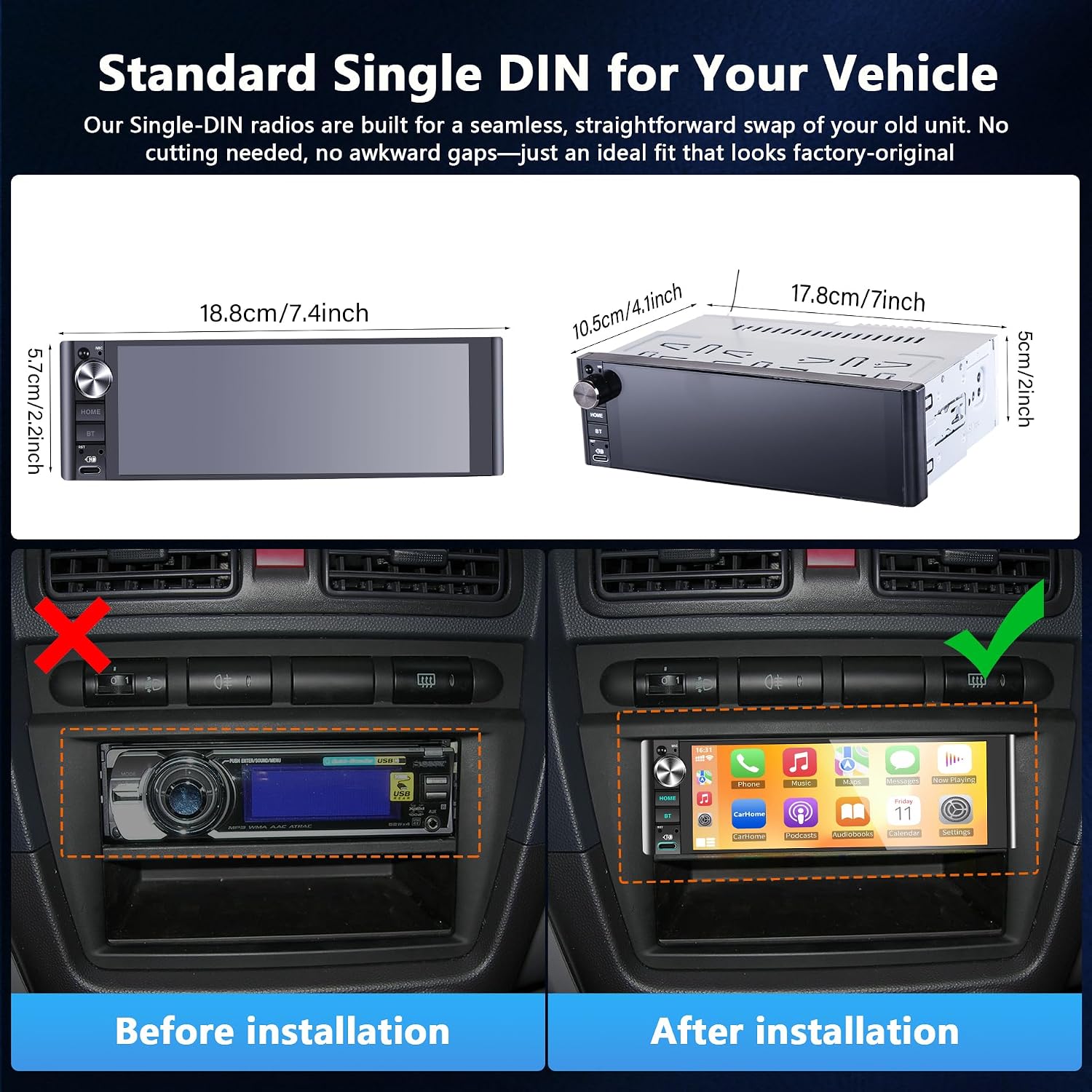Thumbnail 4 de LSLYA 7-Inch Single DIN Car Stereo with Wireless Apple CarPlay & Android Auto