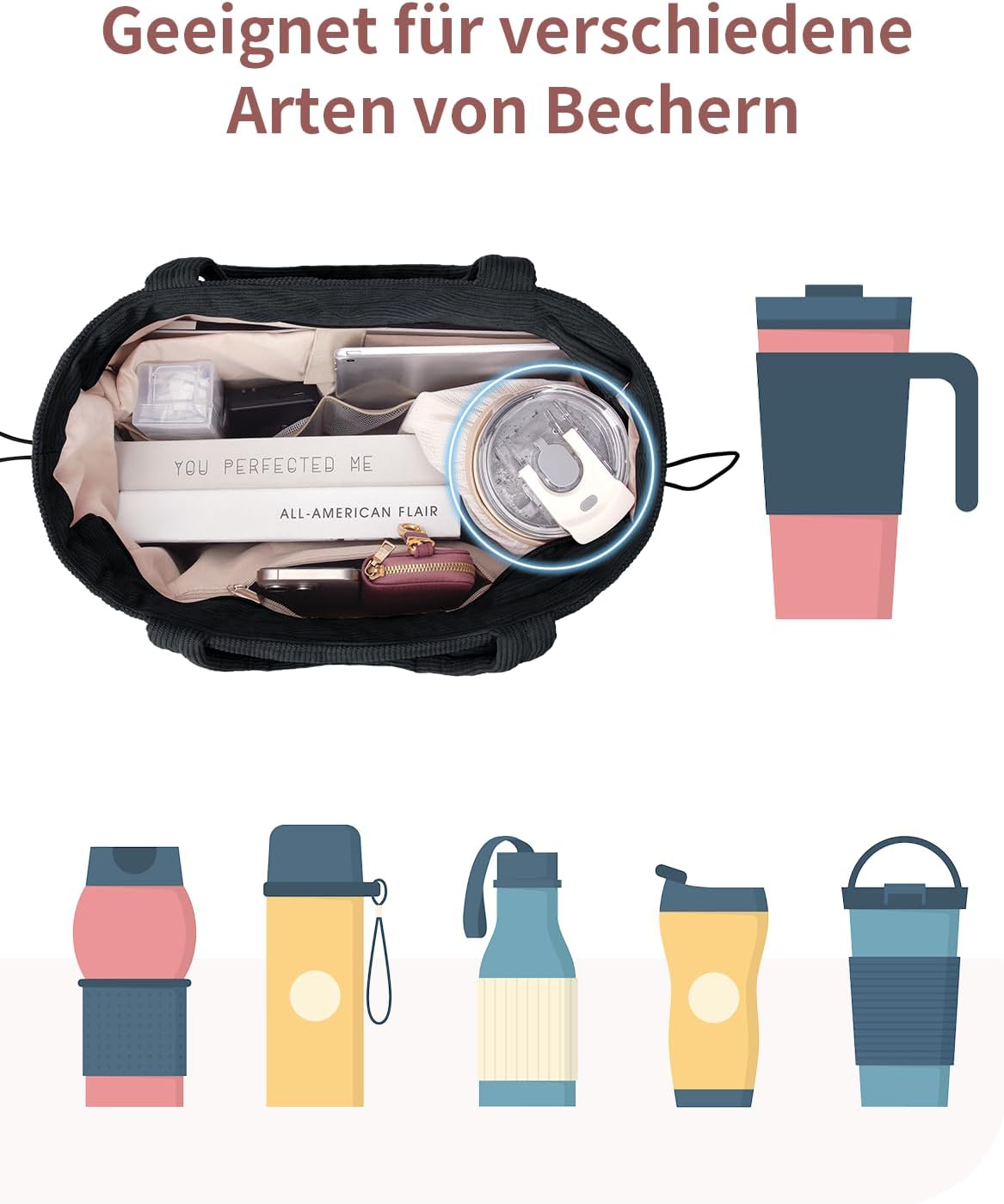 Detalle de ECOHUB Cord Tasche Damen Groß – recycelte Tote mit Laptopfach 15,6 Zoll