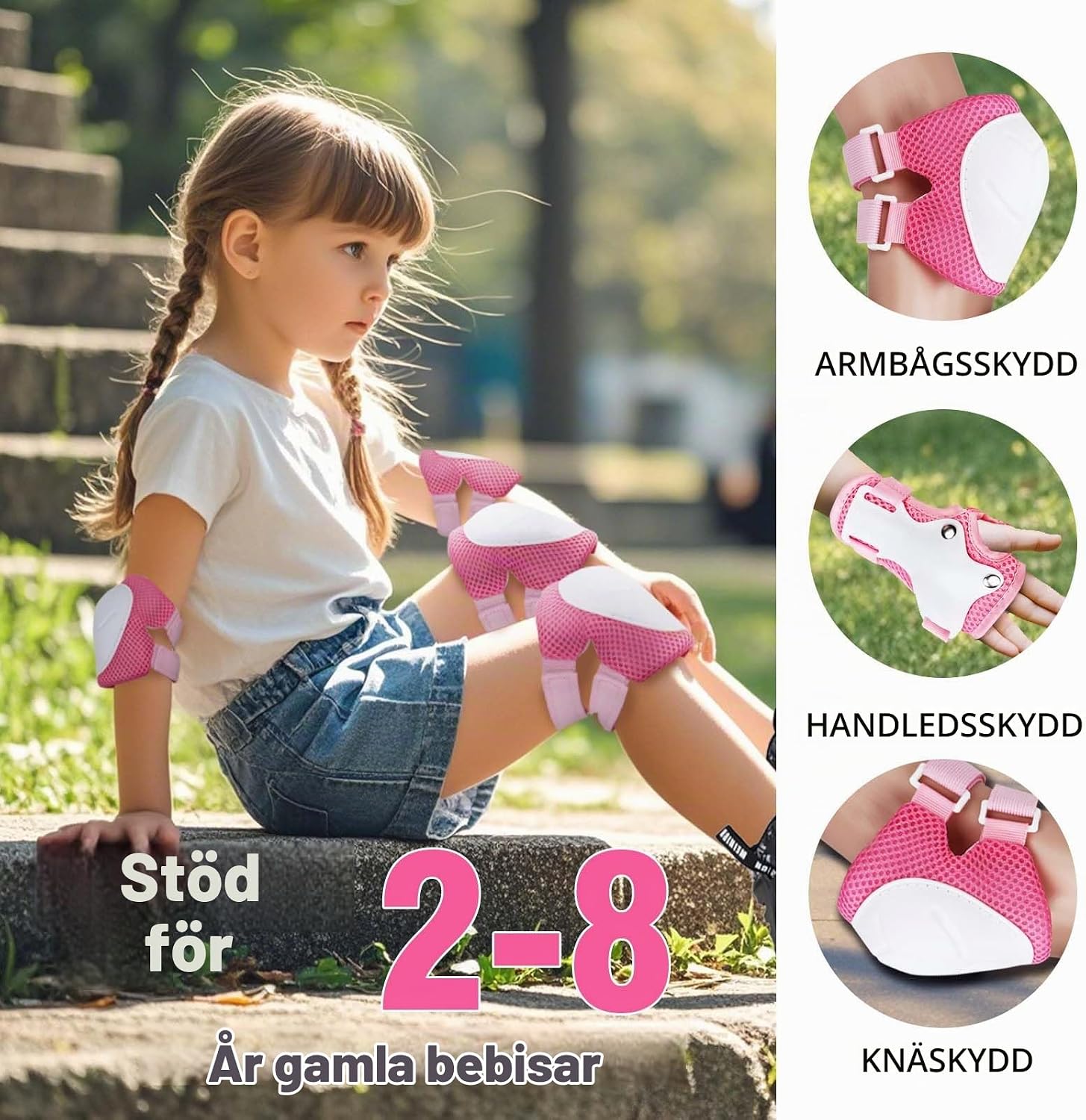 Detalle 1 de LUOJINYI knäskydd för barn, 6-delat set i rosa och vitt med kardborre