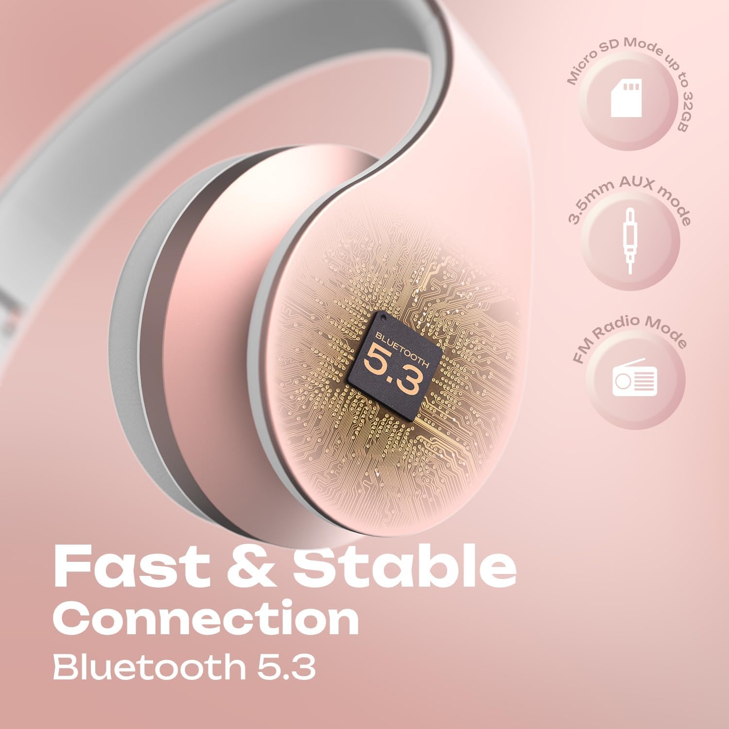 Thumbnail 5 de PowerLocus Wireless Bluetooth Over-Ear Headphones (Rose Gold) – Foldable, Noise Cancelling with Built‑in Microphone