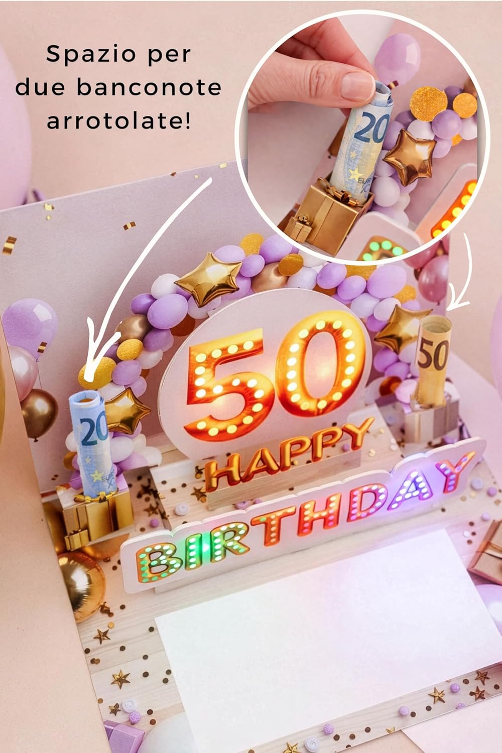 Detalle de Joli Coon – Biglietto auguri 50 anni donna con musica e luce 3D, busta premium e sigillo