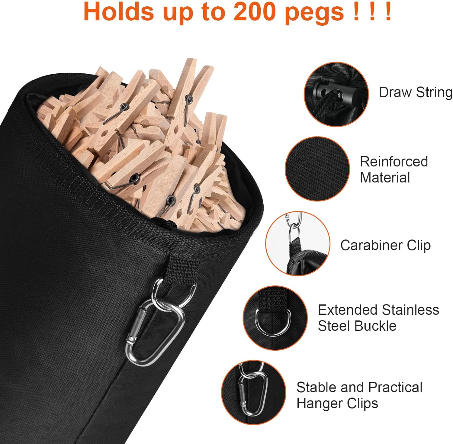Detalle de Vicloon 20CM*20CM*28CM Black Peg Bag with Drawcord and Hanging Hook