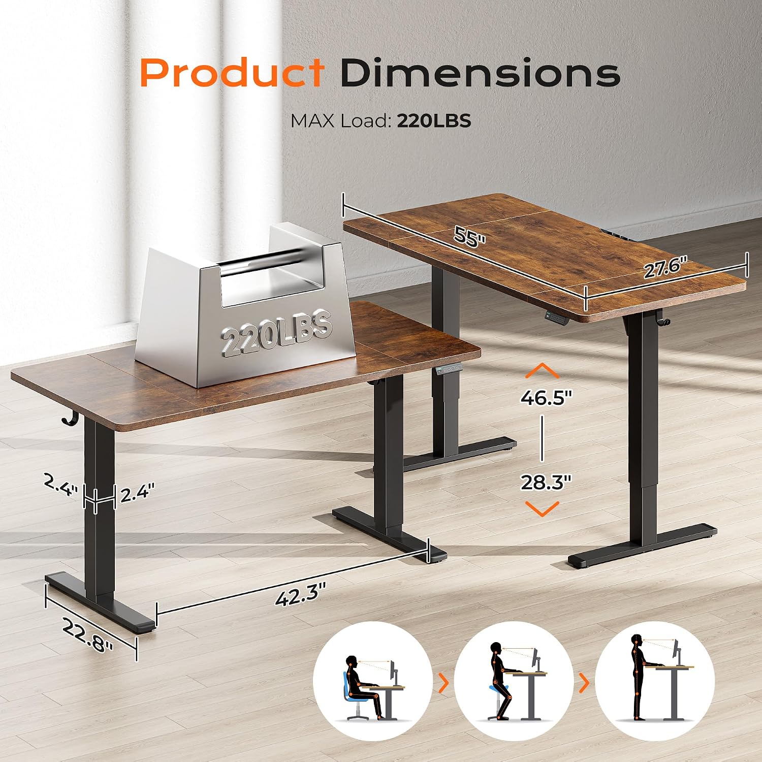 Detalle 2 de Huuger 55 x 28 Electric Standing Desk 27.6"