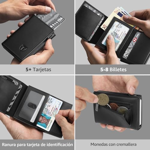 Detalle de TENBST Cartera Hombre de Cuero: Tarjetero RFID, compacto y elegante con caja de regalo