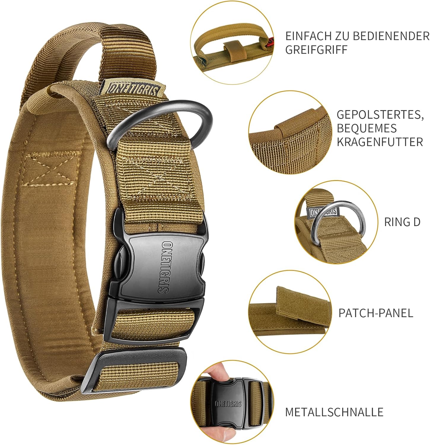 Detalle de OneTigris Collier pour Chien – Boucle et D-rond en métal, Marron, Taille M
