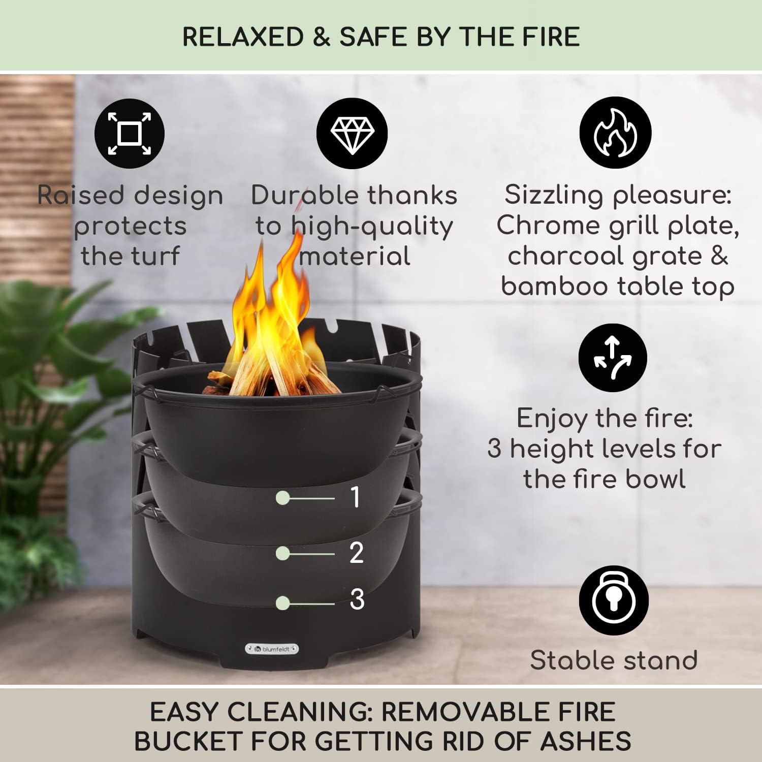 Thumbnail 2 de blumfeldt Crown GDI11-Crown-BK Steel Fire Bowl with Grill and Bamboo Lid