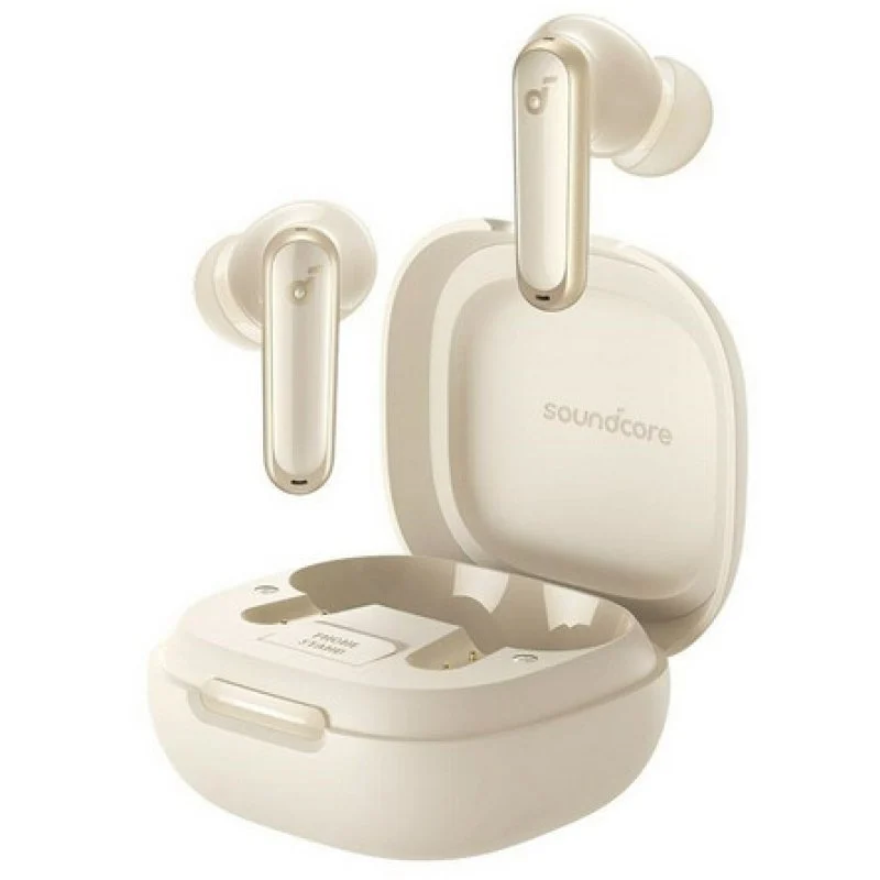 Detalle de Soundcore P40i, auriculares inalámbricos beige con cancelación de ruido