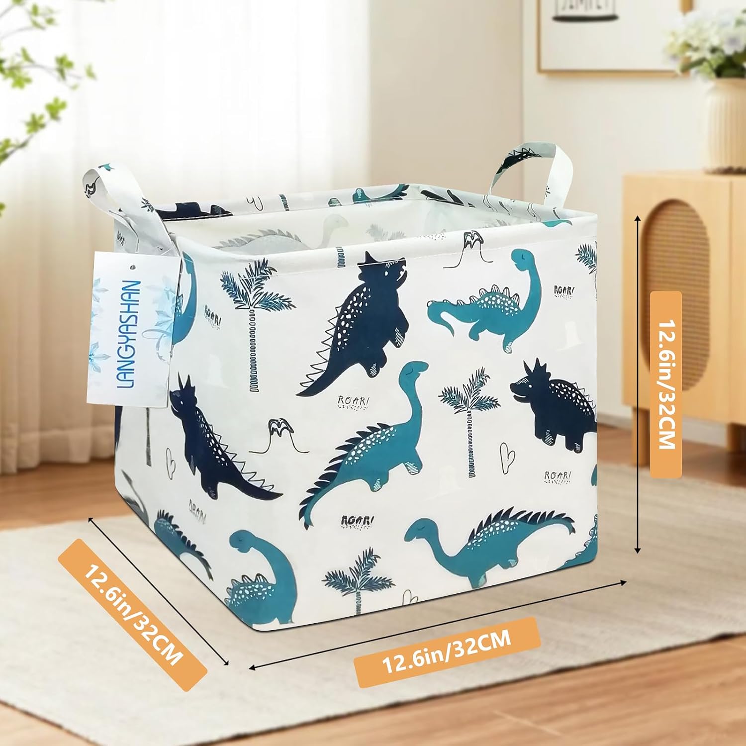Detalle de LANGYASHAN Square Dinosaur Canvas Storage Basket, Foldable with Handles