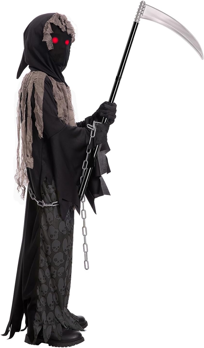 Detalle 2 de Lomesion Kids' Grim Reaper Costume with Glowing Red Eyes, Chain and Scythe