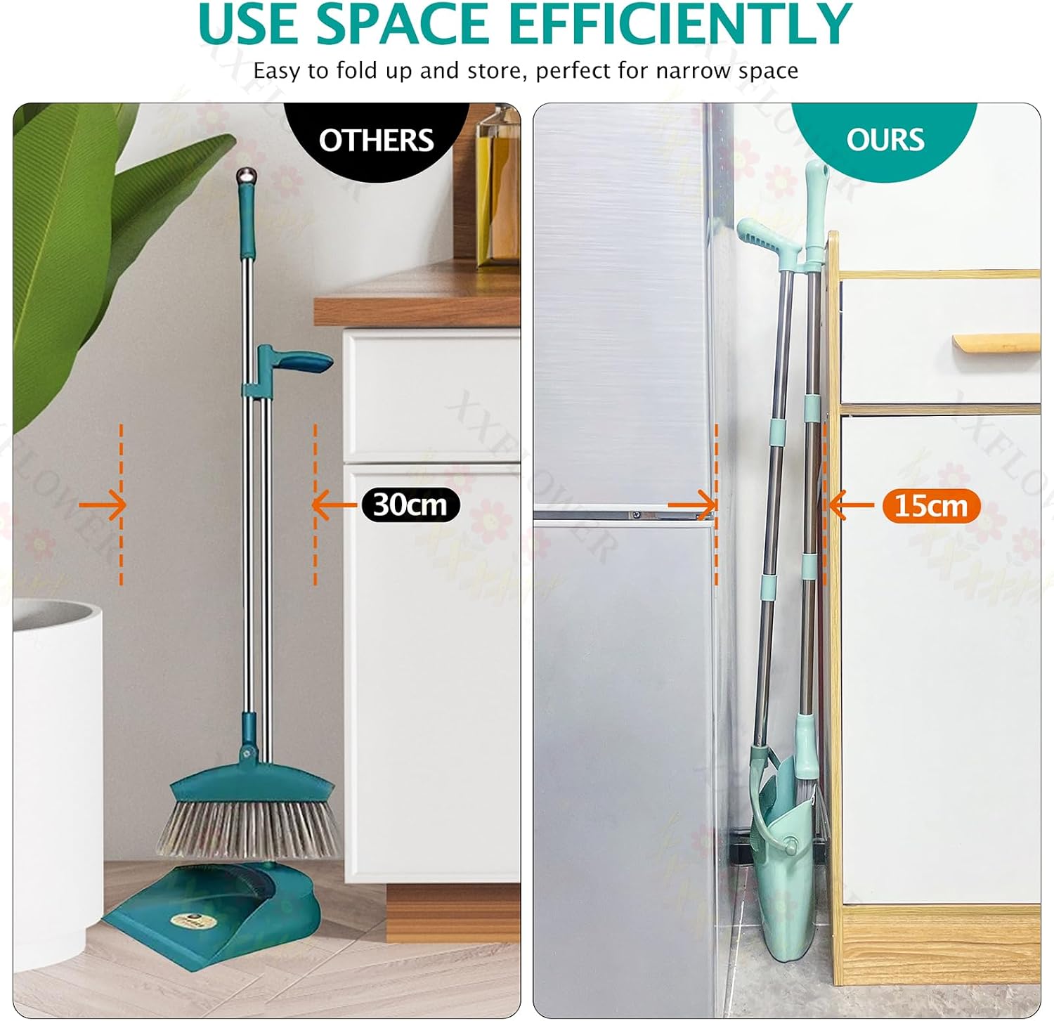 Detalle 2 de XXXFLOWER US-SG-GREEN-SB-GD Broom and Dustpan Set with Cleaning Teeth