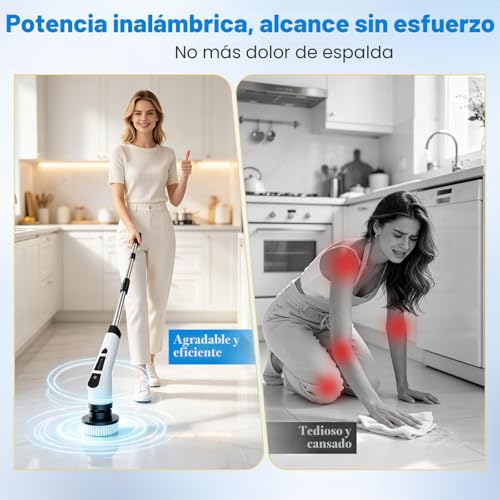 Detalle de Ozvavzk Cepillo Eléctrico de Limpieza Hogar con 9 Cabezales Intercambiables, 2 Velocidades y Mango Telescópico
