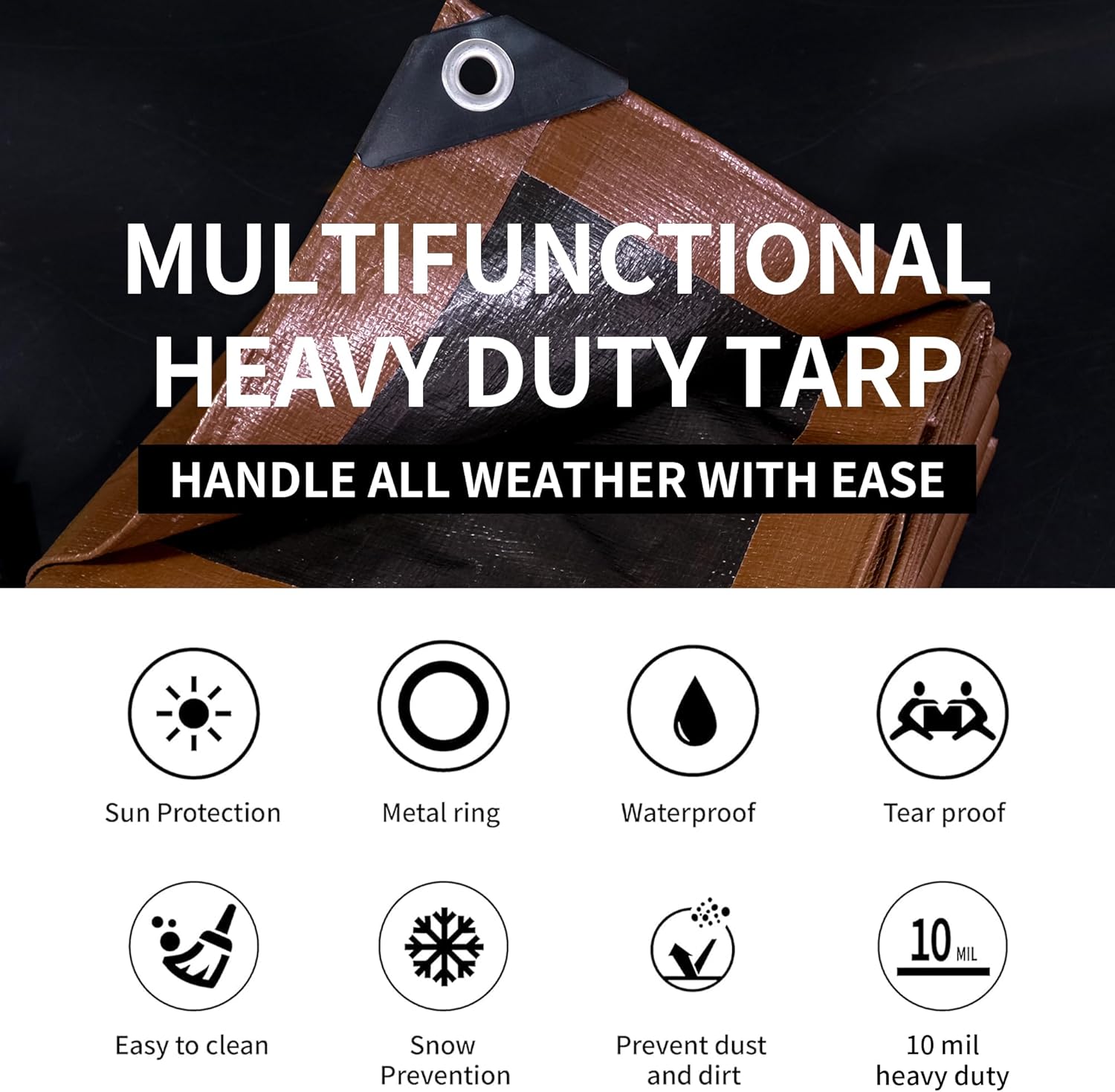 Thumbnail 1 de TARPAL 8x18 Feet Heavy Duty Tarp – 10 Mil Waterproof Multiuse Cover (Brown/Black)
