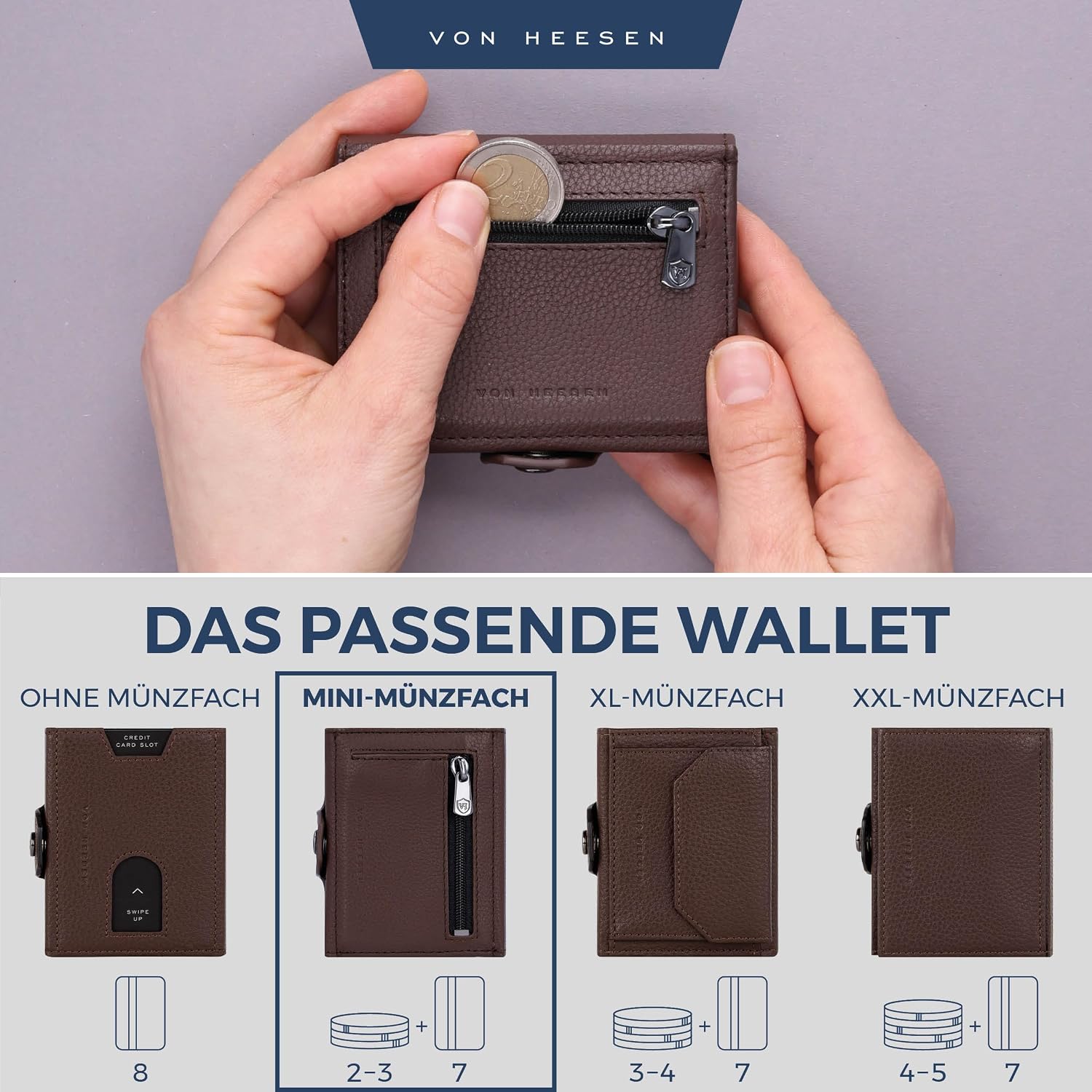 Detalle de VON HEESEN Slim Wallet mit Münzfach & RFID-Schutz – Kompakte Geldbörse aus Nappa-Leder