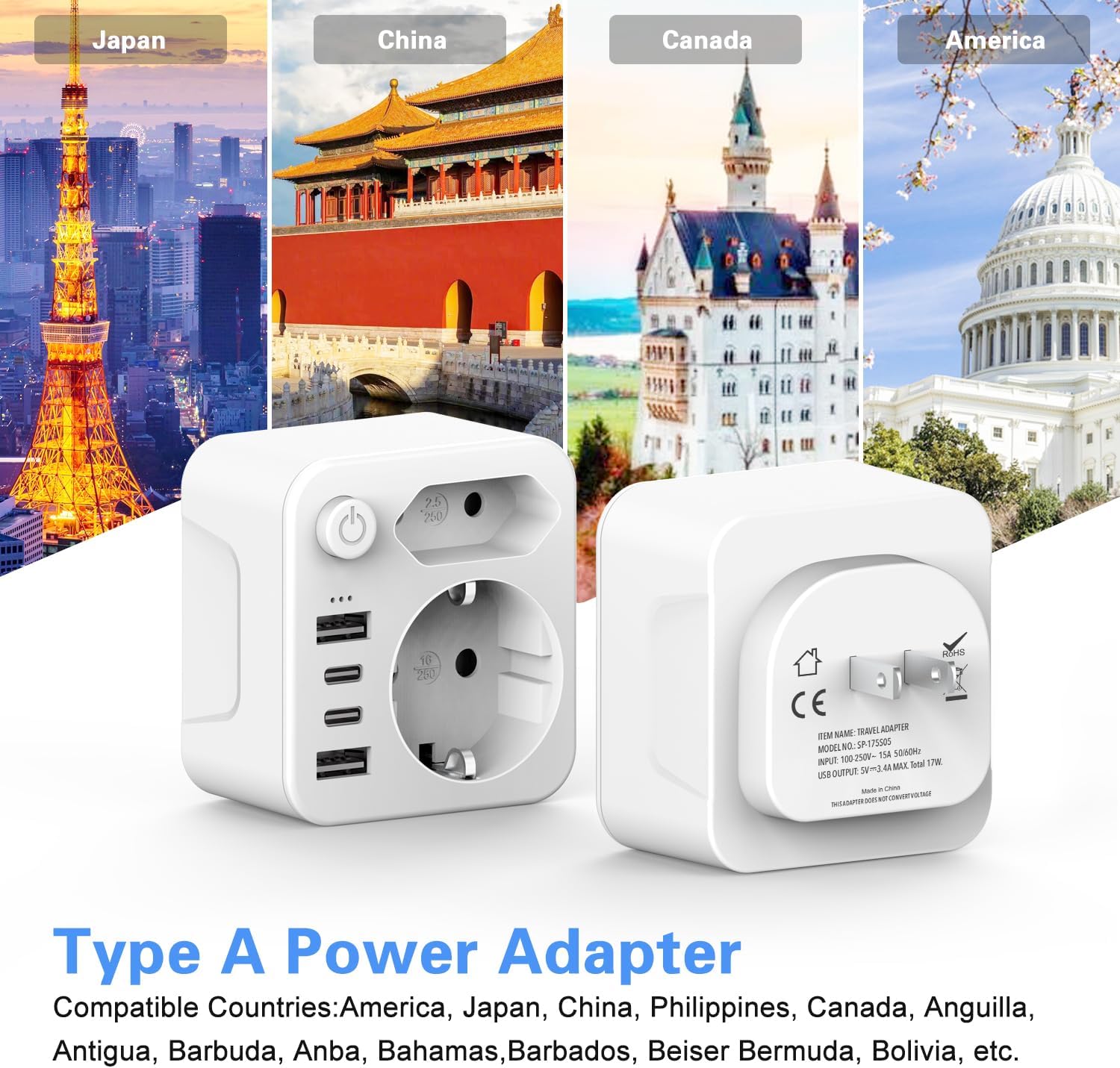 Thumbnail 1 de Adapter Japan Reiseadapter: 6-in-1 Typ-A EU zu USA/Japan – 2-poliger Schuko, Typ-C und 3 USB