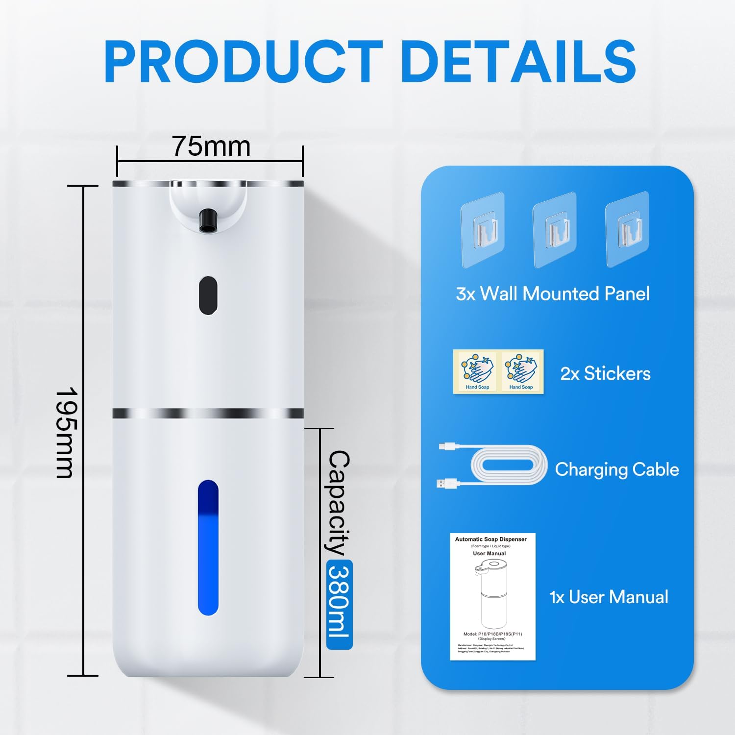 Thumbnail 6 de Automatischer Seifenspender mit digitaler Anzeige, 380 ml, berührungslos (Sensor), USB wiederaufladbar, IPX5 – Wandmontage