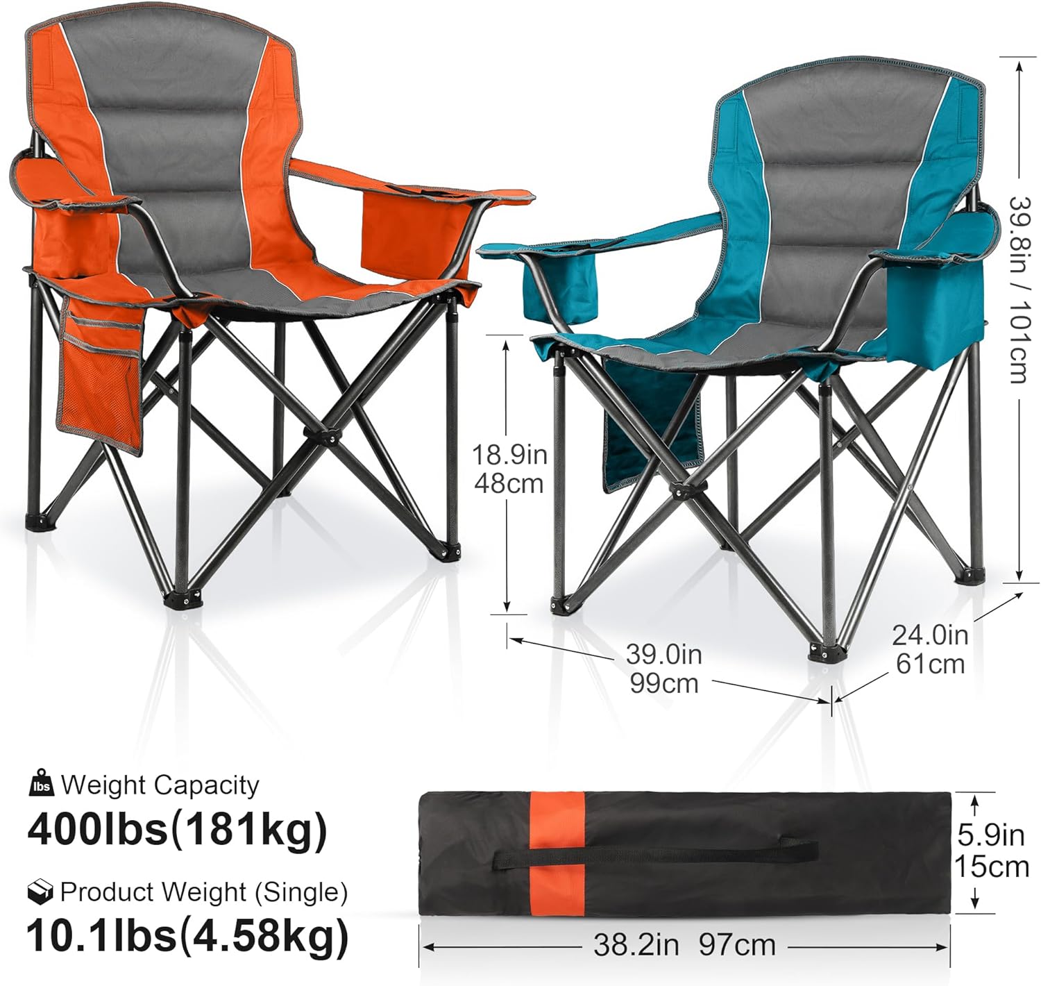 Thumbnail 2 de LANMOUNTAIN 2 Pack Padded Oversized Camping Chairs (Orange & Blue) with Cup Holder, Side Pocket & Cooler Bag