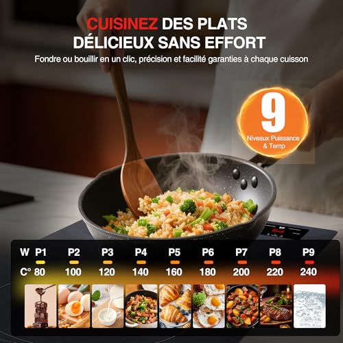 Detalle 2 de GTKZW Plaque Induction 2 Feux 3000W – Modèle portable encastrable ou libre avec 9 niveaux et minuterie