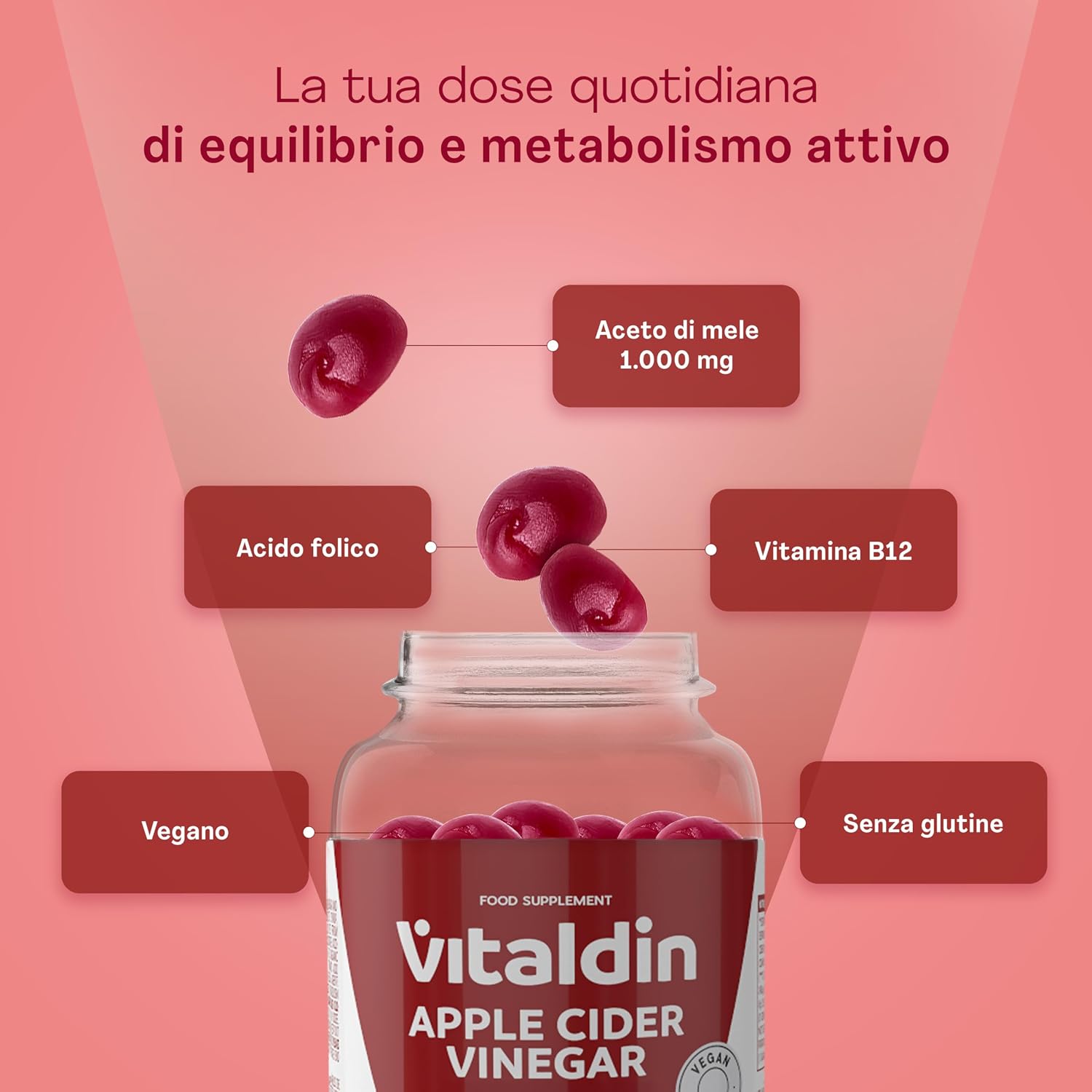 Detalle 2 de VITALDIN Apple Cider Vinegar Gummies – 1000 mg per dose, 60 caramelle vegane (gusto mela) con vitamina B12