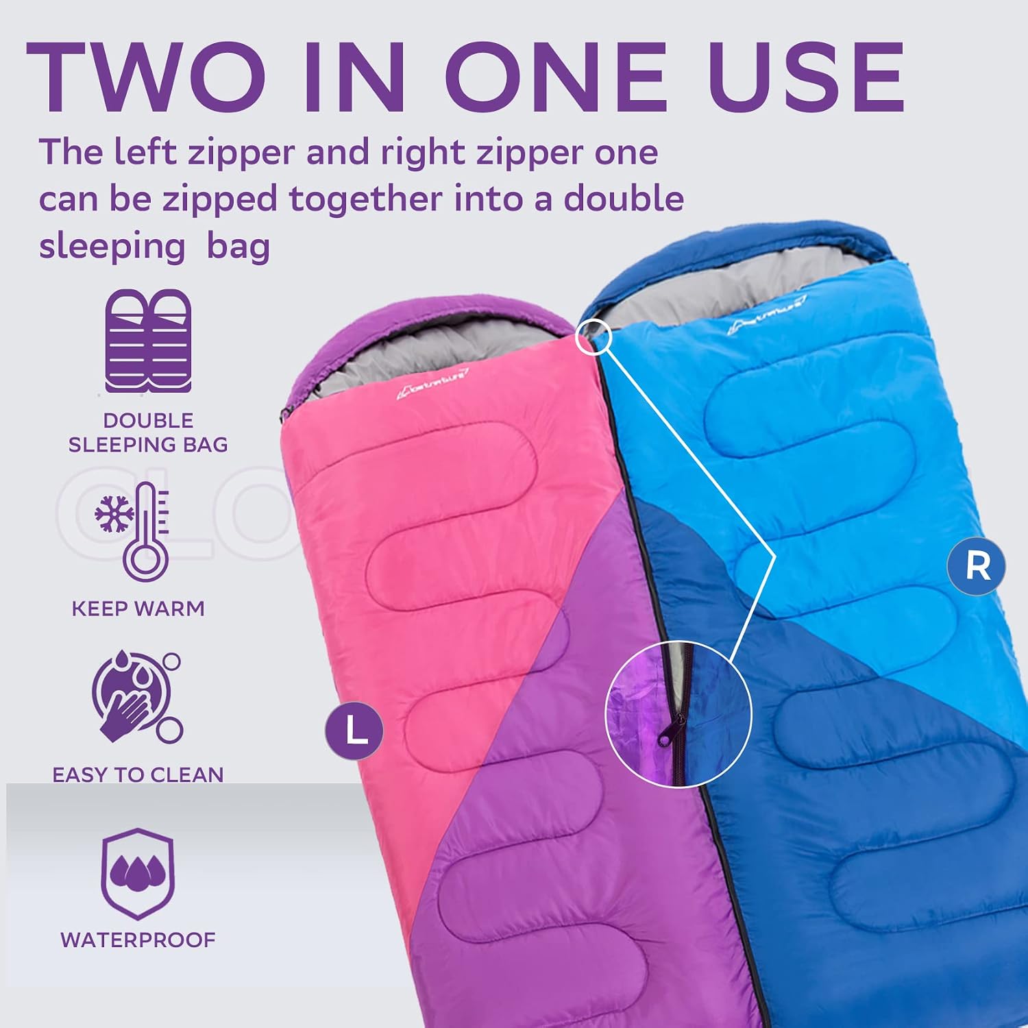 Detalle de Clostnature 4-Season Sleeping Bag for Adults and Kids — Compact, Lightweight, Right Zipper