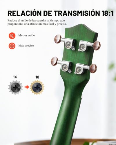 Detalle de Donner Ukelele Concierto 23'' DUC-200G Caoba Verde: kit completo para iniciación y uso avanzado