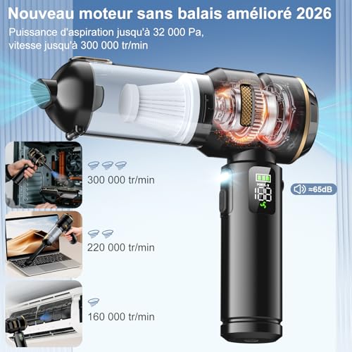 Detalle de Aspirateur Voiture Aurvite 4 en 1 sans fil — Puissance 32 000 Pa, LCD et 3 vitesses