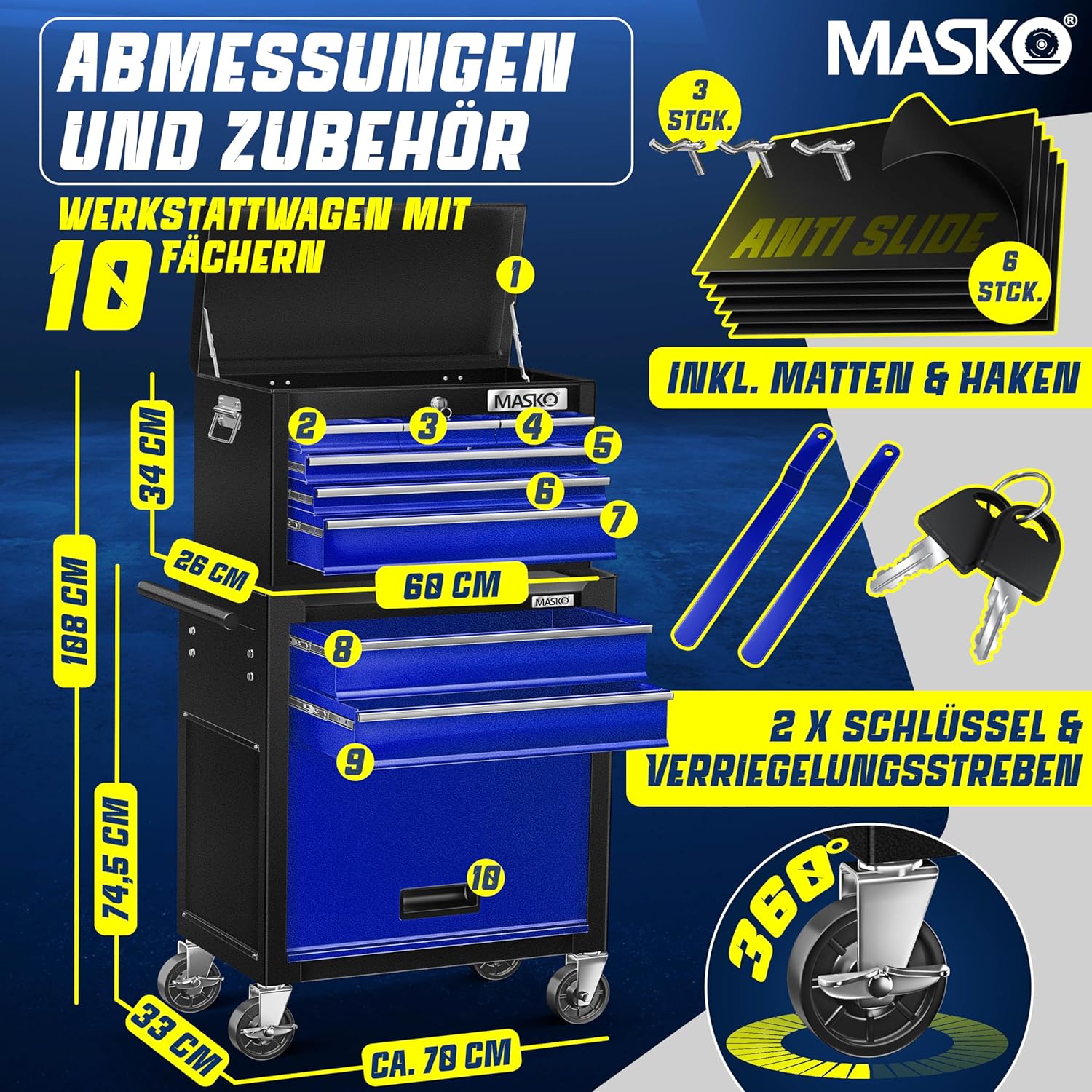 Thumbnail 1 de MASKO Werkstattwagen inkl. Koffer mit Schloss – 9 abschließbare Fächer, massives Metall, blau