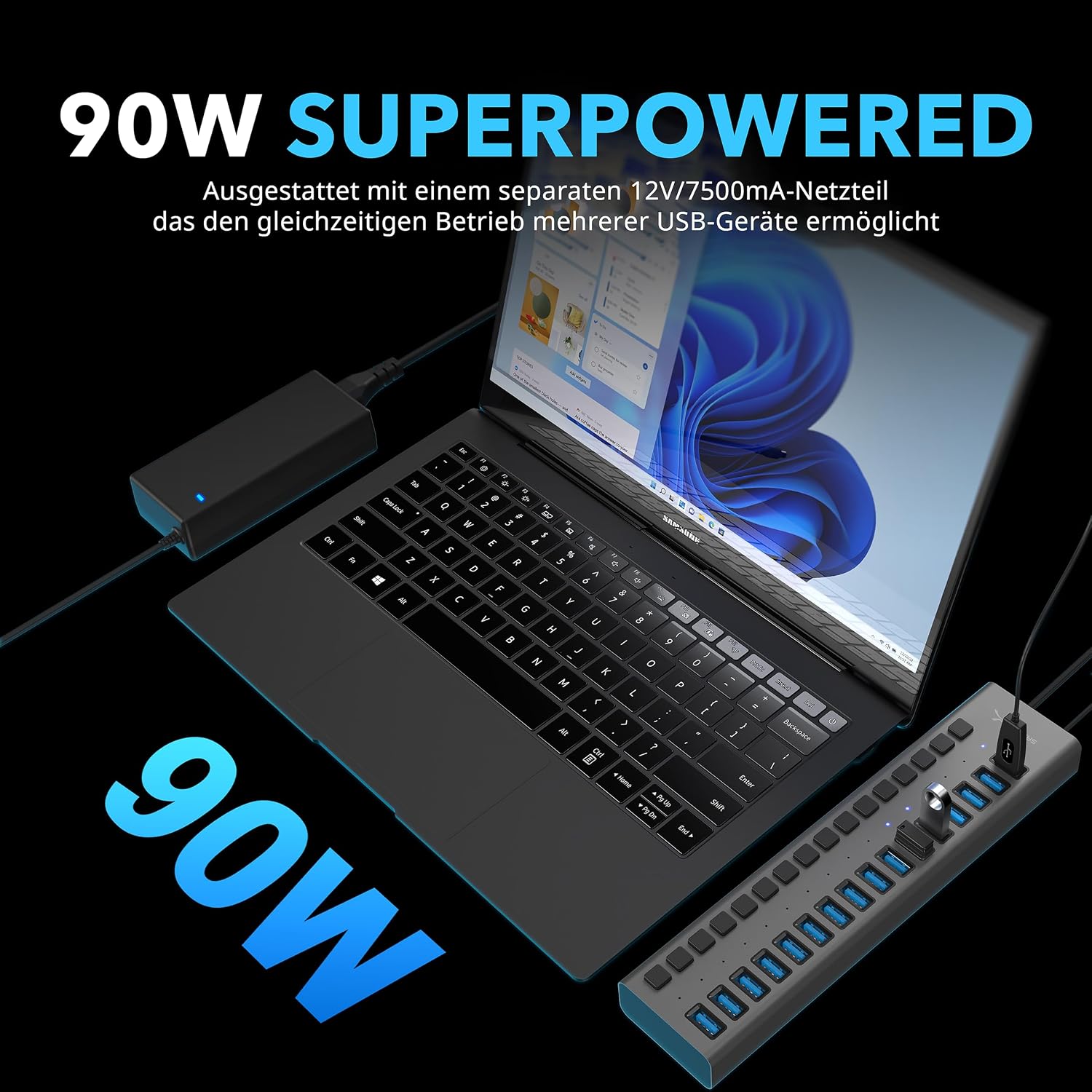 Detalle de SABRENT HB‑PU16 16‑Port USB‑Hub 90W Ladegerät 🔌