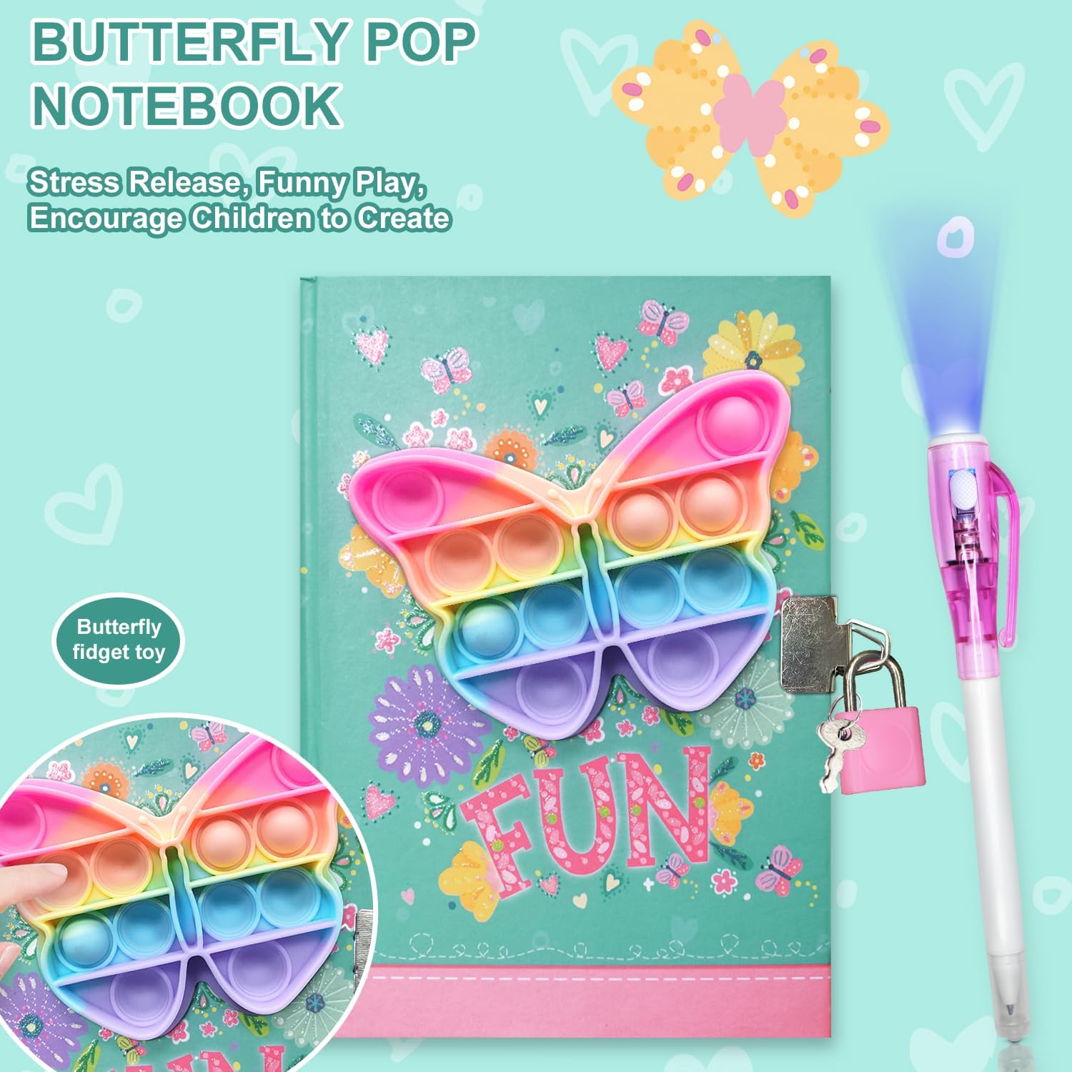 Detalle de GINMLYDA Butterfly Diary with Lock, 160 Pages, Pop-It Cover and Invisible-Ink Pen