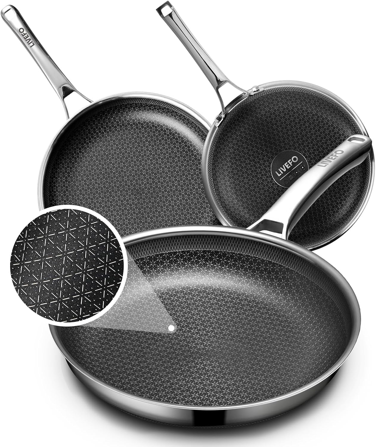 Detalle de LIVEFO SC-3PC Stainless Steel Non-Stick Frying Pan Set, 8/10/12-Inch