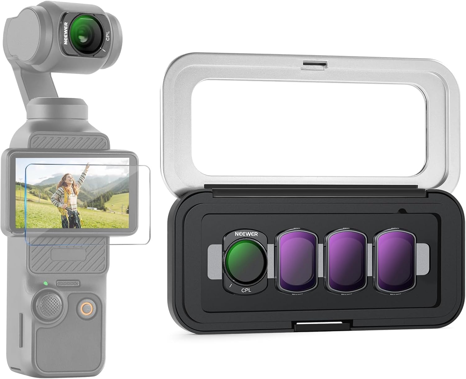 Detalle de NEEWER ND & CPL Filter Set für DJI Osmo Pocket 4/3 – Magnetische ND Filter (ND16/64/256) + CPL, Displayschutzfolie & Etui