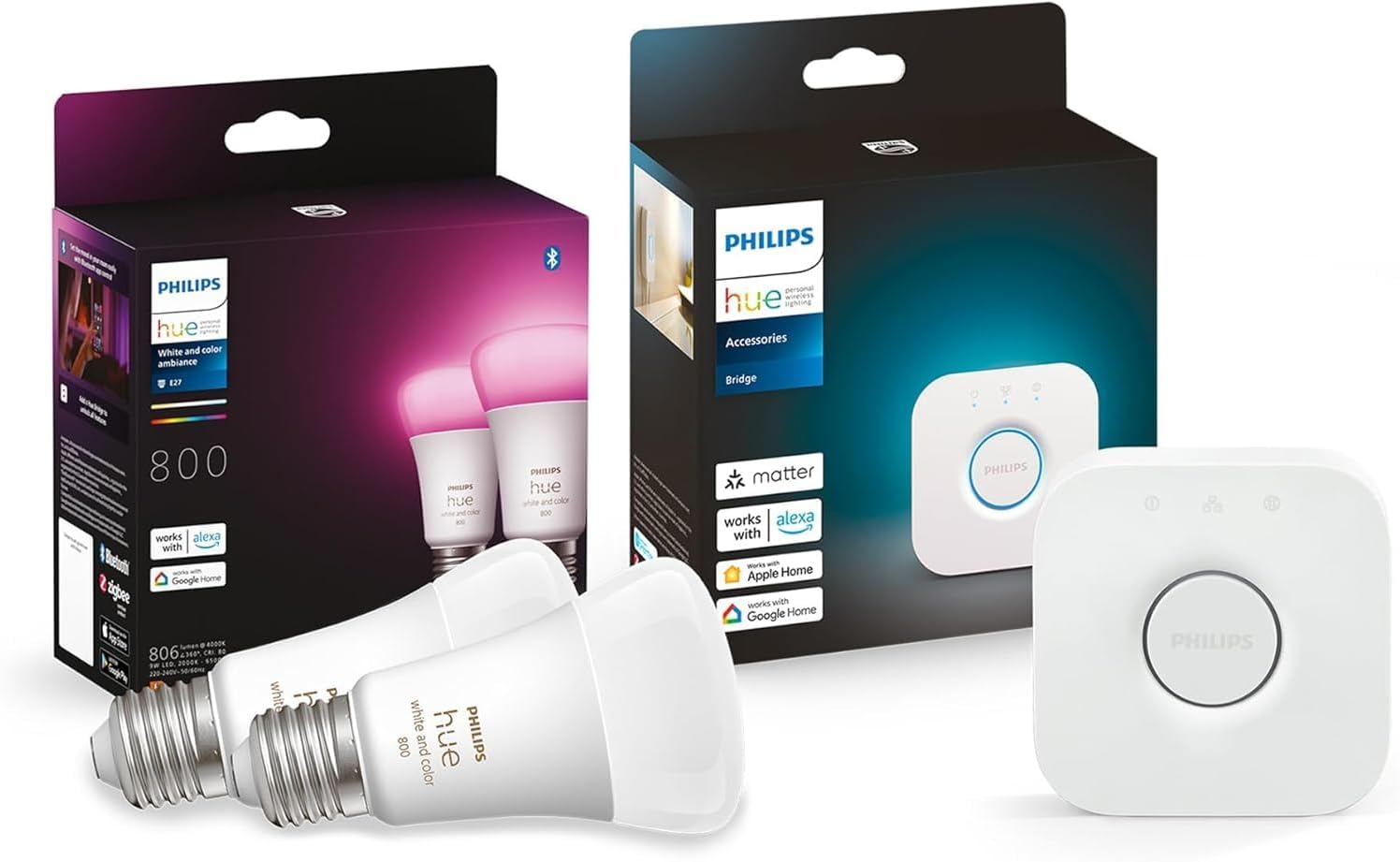 Detalle de Philips Hue Kit de démarrage Ambiance Blanc et Couleur – 2 ampoules LED E27 60W + Pont et Bluetooth