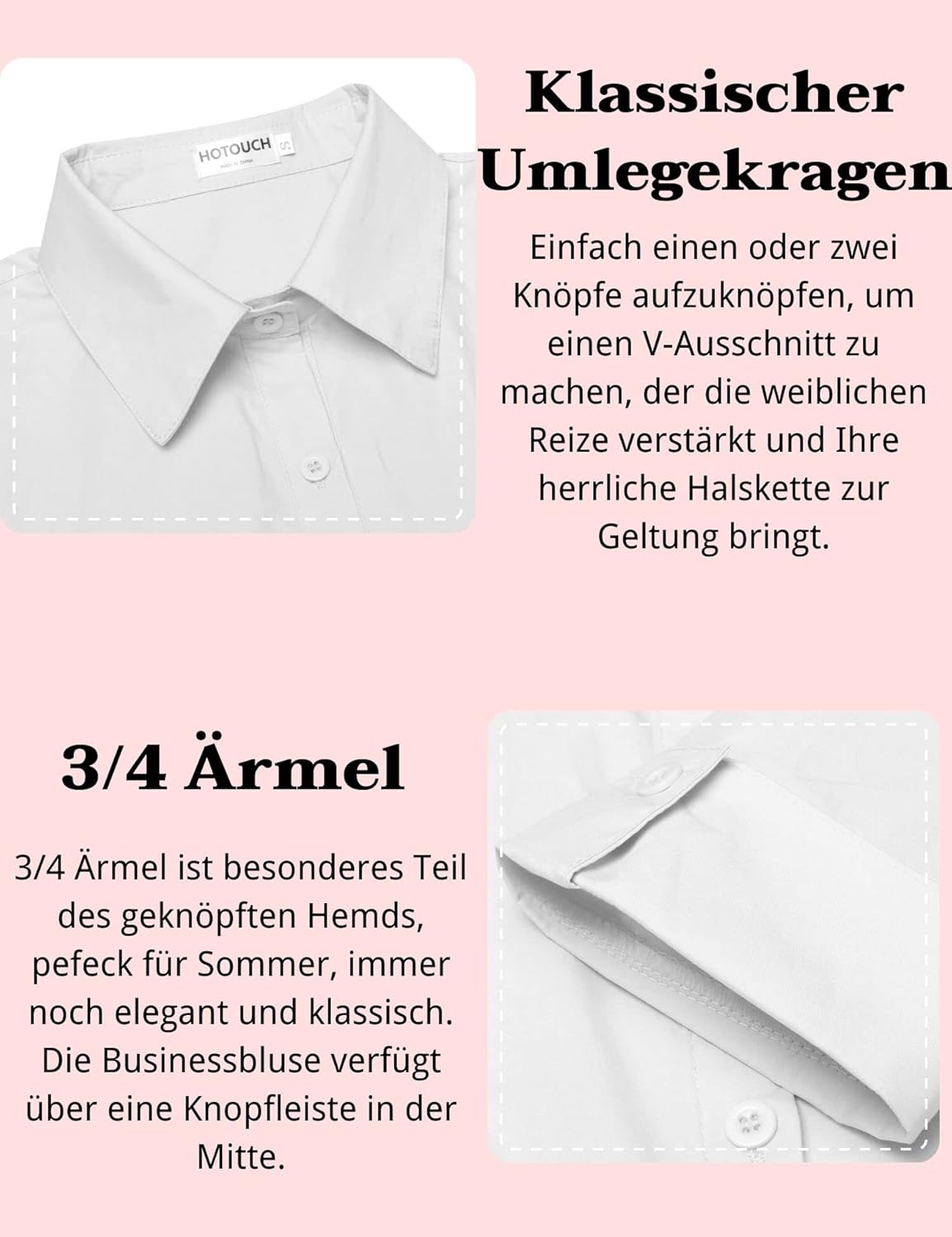 Thumbnail 4 de Hotouch Bluse Damen mit 3/4-Ärmeln, Slim Fit und V-Ausschnitt – Hemdbluse aus Baumwolle