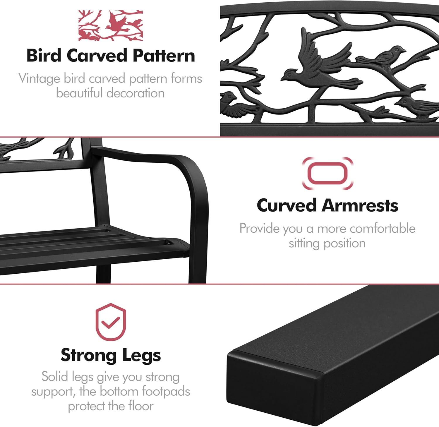 Detalle de Yaheetech panca da giardino in ferro 127×52×86 cm con braccioli e schienale decorato, portata 180 kg, colore nero