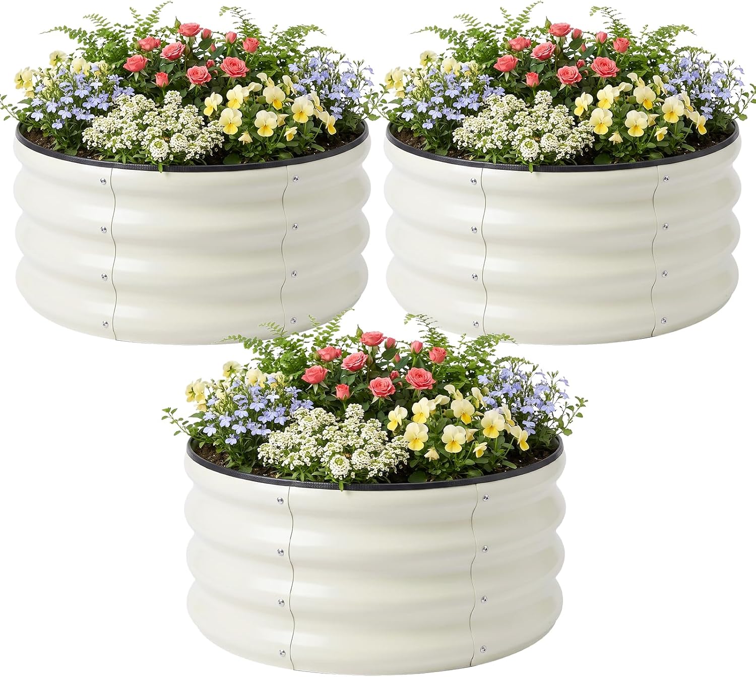 Detalle de SnugNiture 3-Piece Round Galvanized Raised Garden Bed Kit, White, 2x2x1 ft