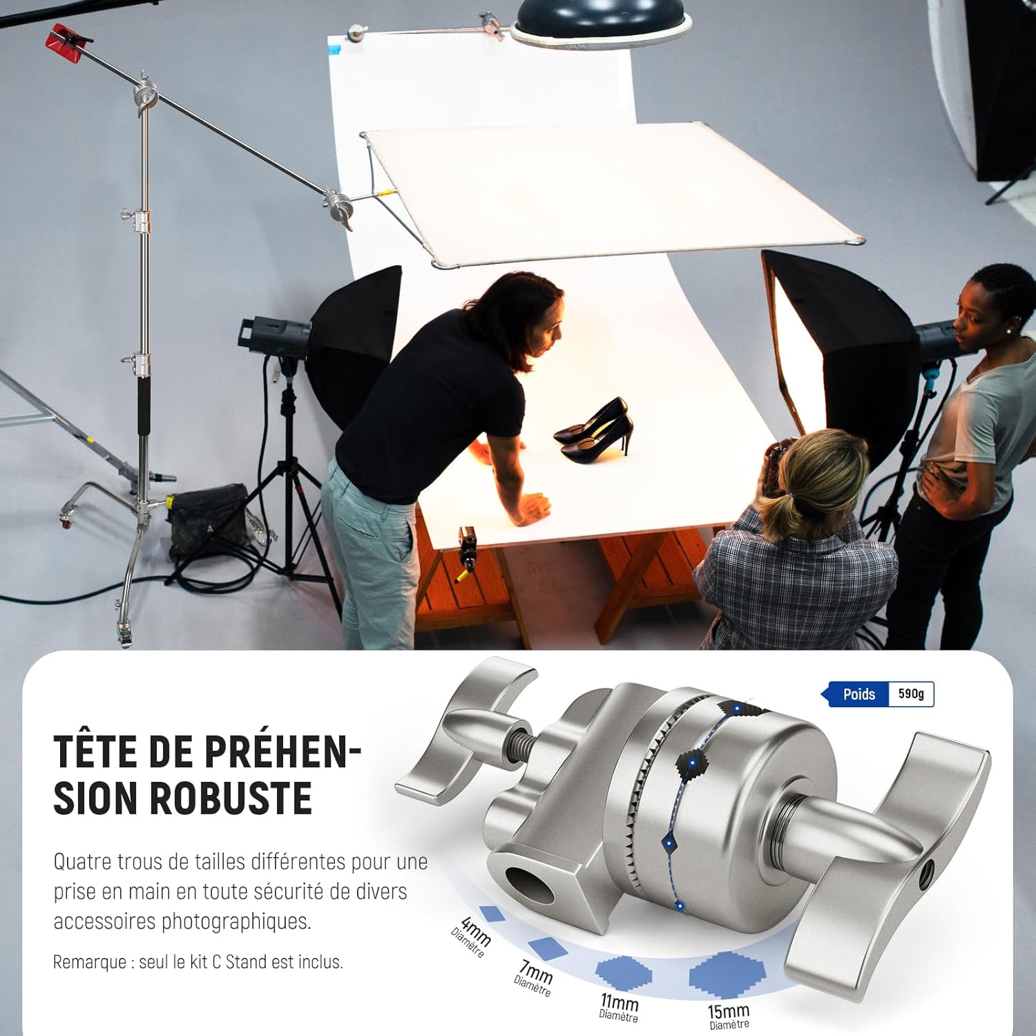 Detalle de NEEWER Support en C inox avec roulettes pivotantes 360° – hauteur 110 à 186 cm et bras de perche 83 cm