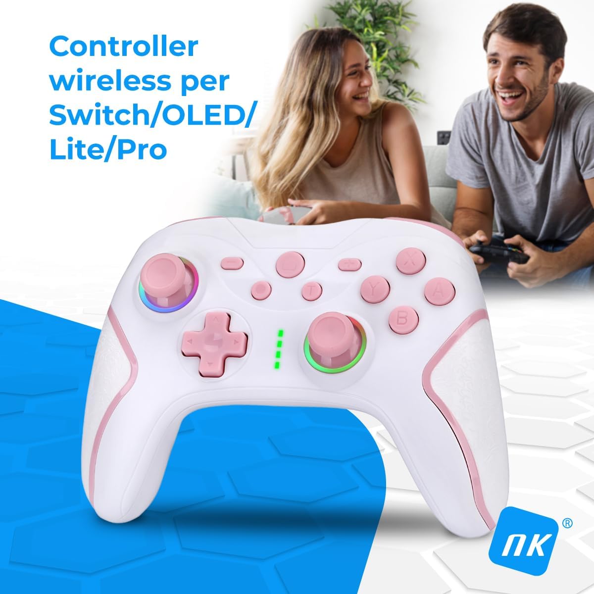 Thumbnail 1 de NK Telecomando Switch Wireless: controller con Turbo, Wake up, Bluetooth e macro per Switch, Switch OLED e PC (Bianco e Rosa)