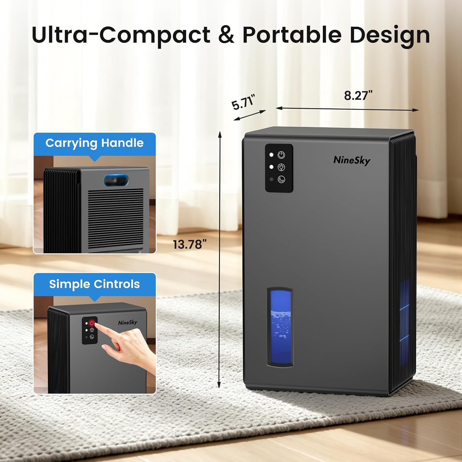 Detalle de NineSky 1000 Sq Ft Dehumidifier with 95 oz Tank — Quiet, Auto Shut-Off, and 7-Color Ambient Light