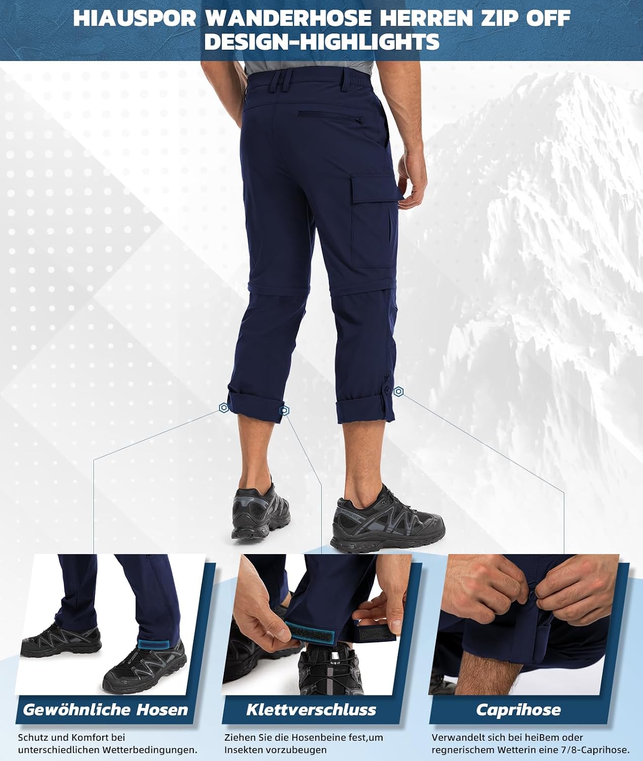 Thumbnail 4 de Hiauspor Wanderhose Herren Zip-Off – atmungsaktive Softshellhose mit 5 Taschen, Nylon-Spandex, leicht & schnell trocknend