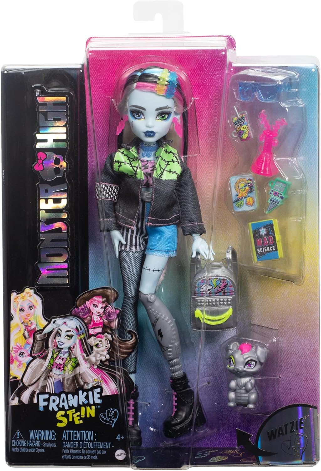 Thumbnail 5 de Monster High Frankie Stein (HXH73) bambola con giacca e shorts in denim, cagnolina Watzie e accessori