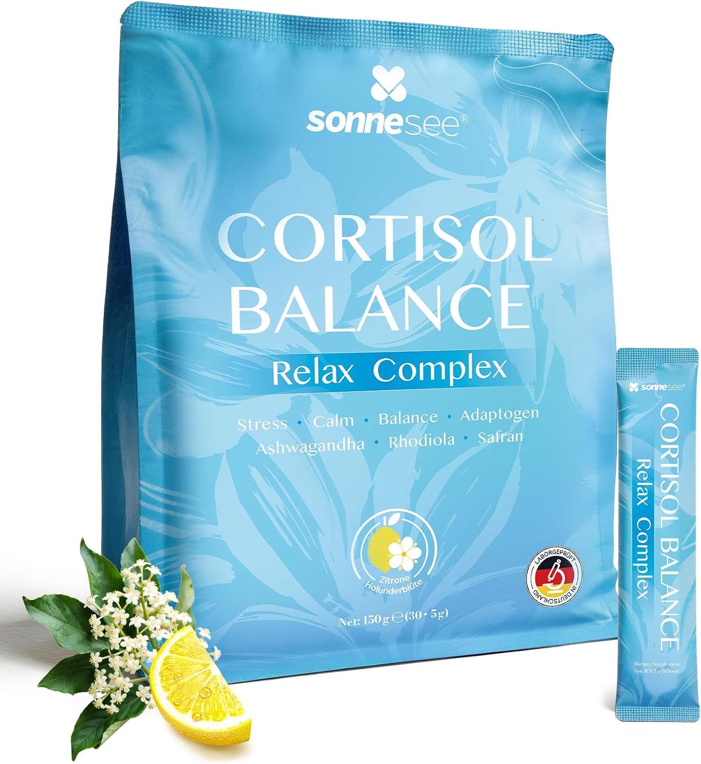 Detalle de Sonnensee Cortisol Balance Support – Stress Adaptogen Pulver (Cortisol Cocktail) mit Ashwagandha, Rhodiola, GABA & L-Theanin
