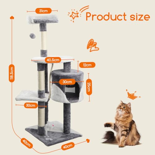 Detalle 2 de Nobleza Rascador para Gatos (Altura 118,5 cm) — Árbol Estable con 3 plataformas, cueva, pompón y peluche
