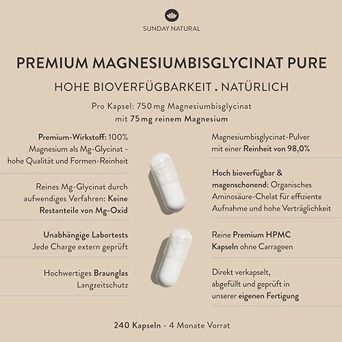 Detalle de SUNDAY NATURAL Magnesium Bisglycinat Premium – 240 Kapseln, 150 mg Mg pro Portion