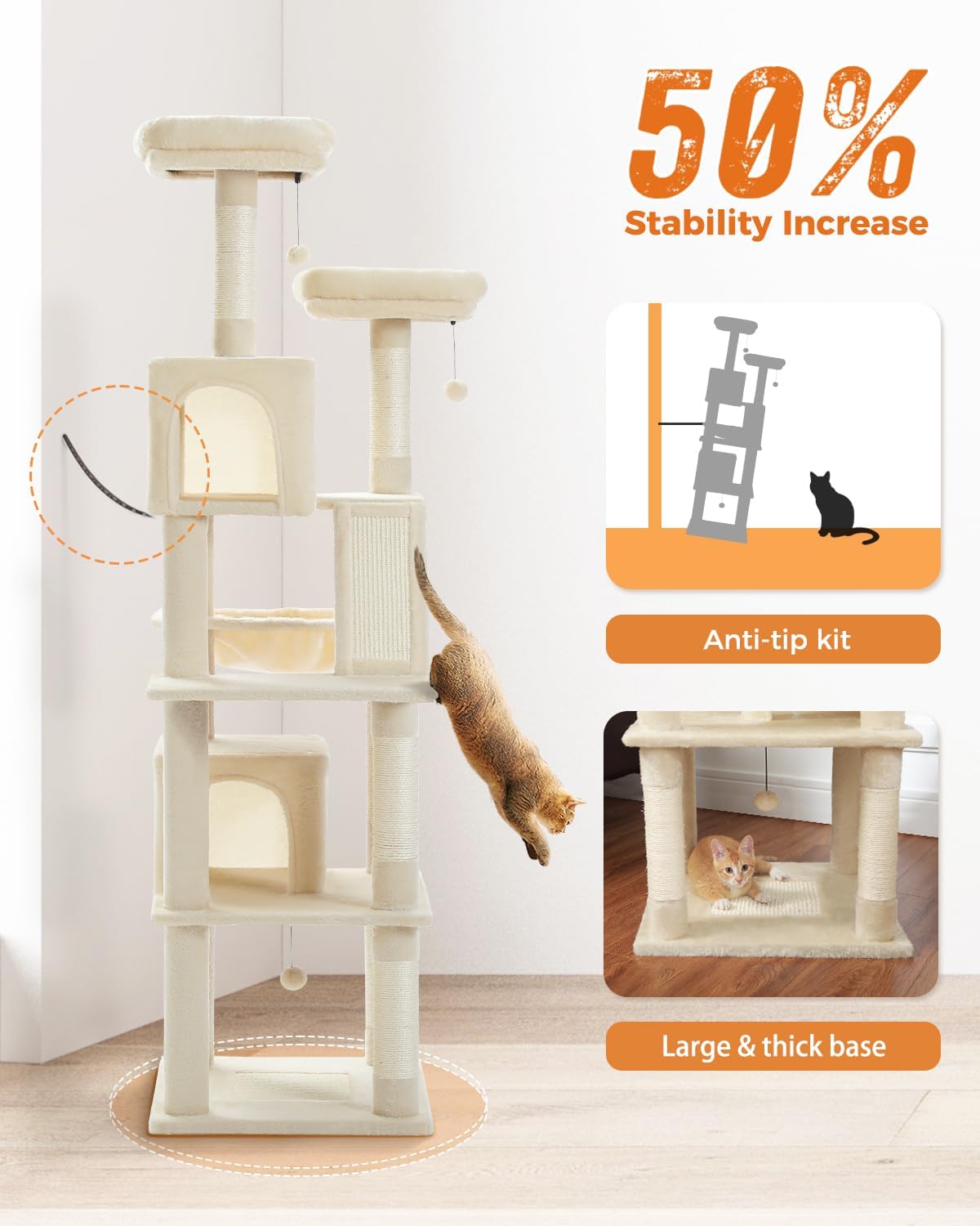 Thumbnail 3 de PETEPELA 180 cm Kratzbaum groß – Multi-Level Katzenbaum für große Katzen mit 6 Sisalsäulen und Hängematte