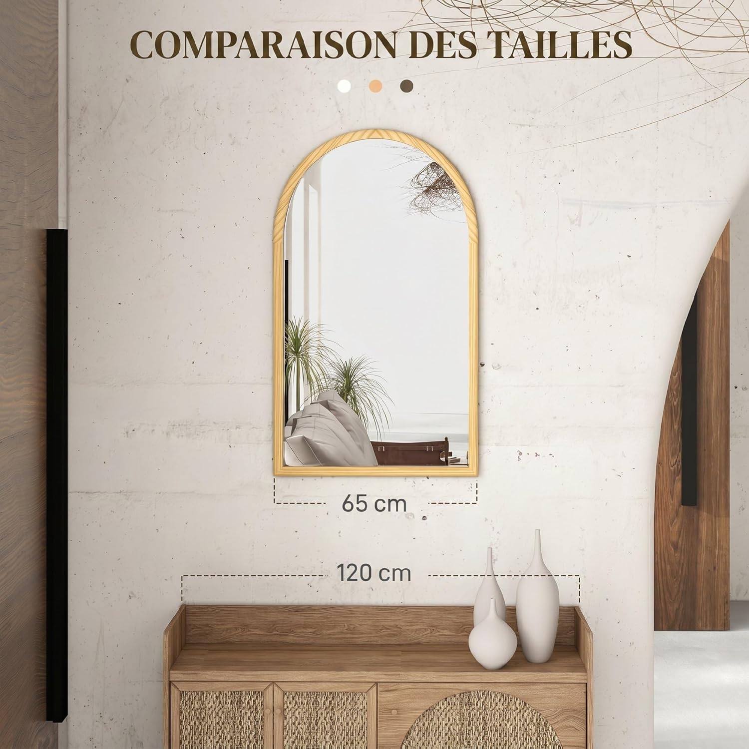 Detalle de HOMCOM Miroir Mural Arche 110 x 65 cm – Cadre en BoisNaturel