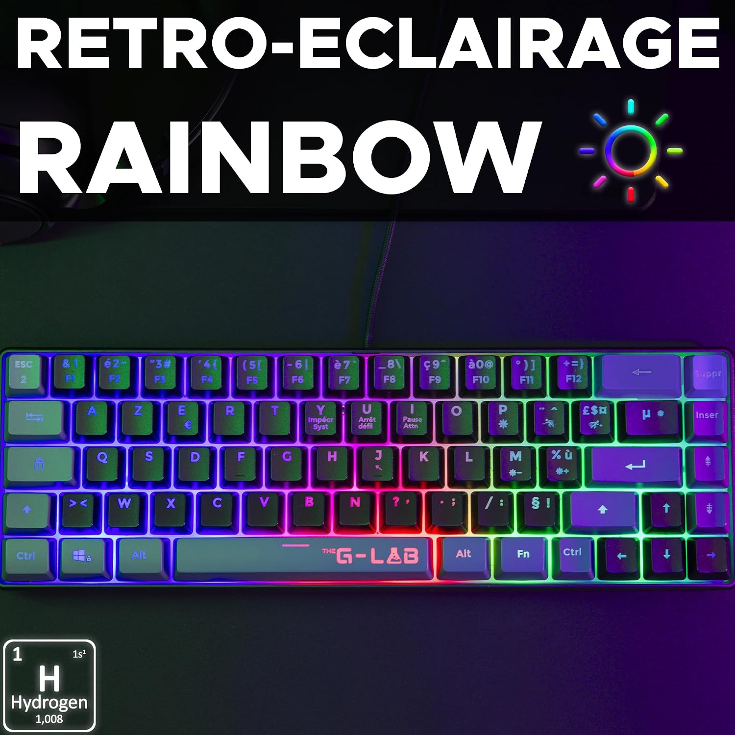Detalle de THE G-LAB Keyz Hydrogen – klawiatura gamingowa 60% półmechaniczna, AZERTY, RGB