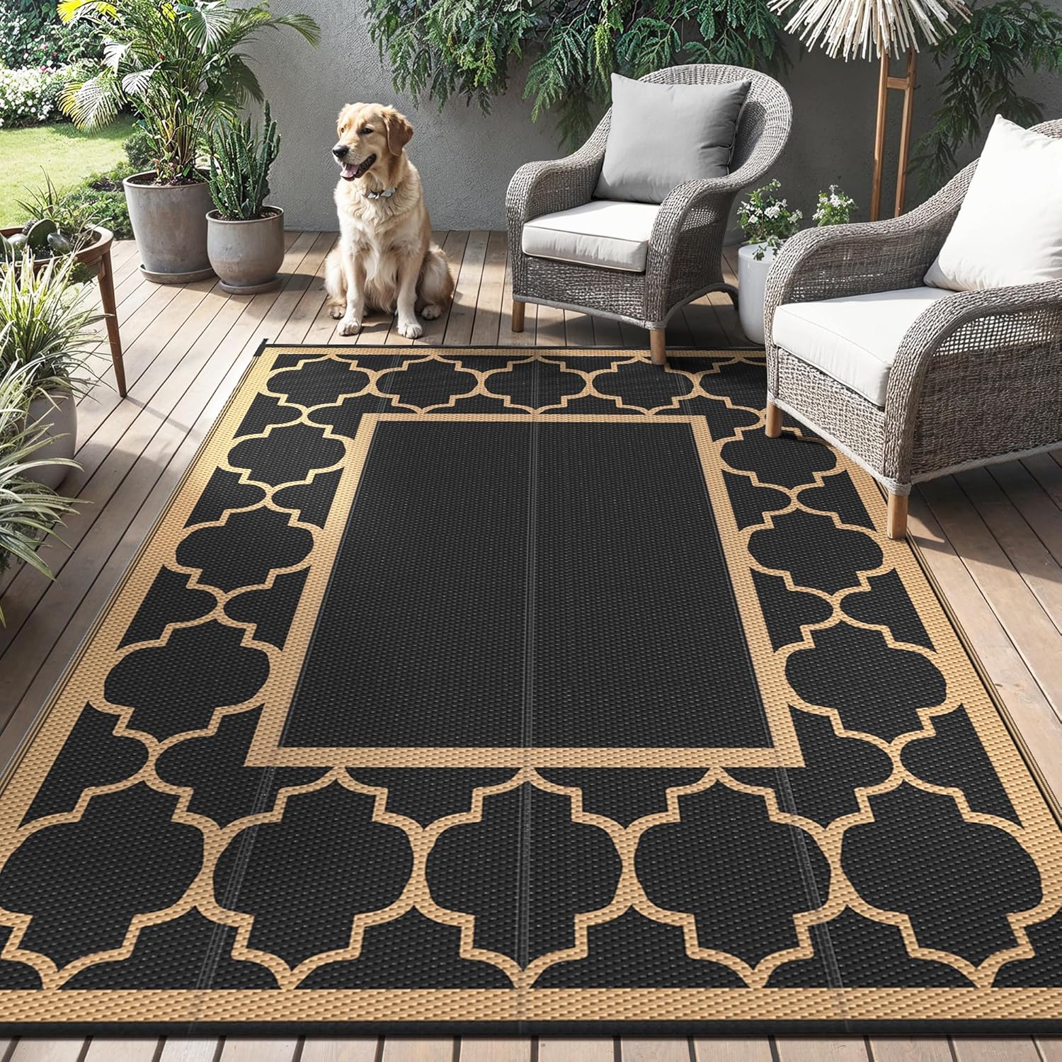Thumbnail 6 de GENIMO Tapis Extérieur Resistant Pluie 275x365 cm – Noir & Brun, réversible et antidérapant
