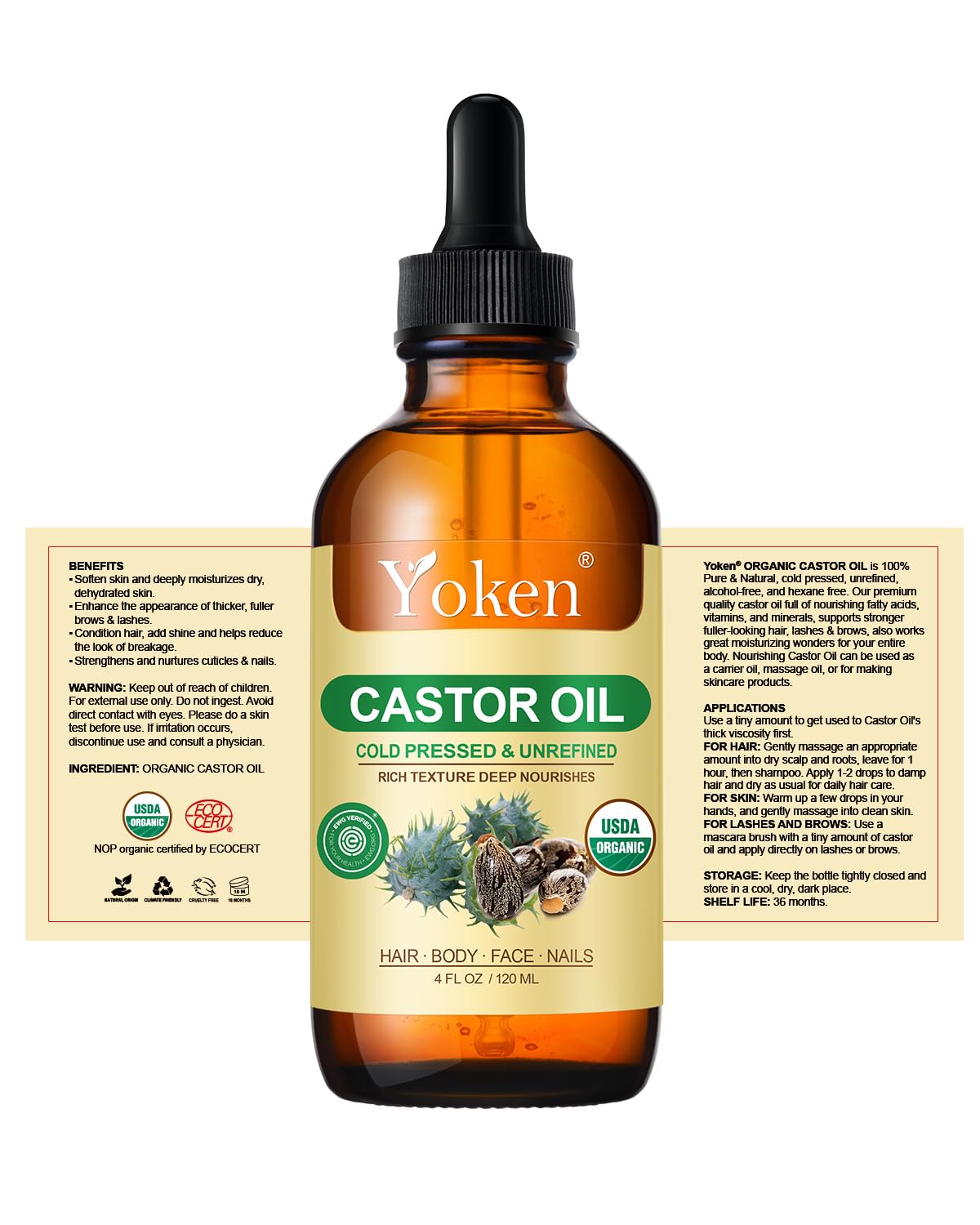 Detalle de Yoken Castor Oil, 4 oz Cold-Pressed Organic Oil with Roller Bottle