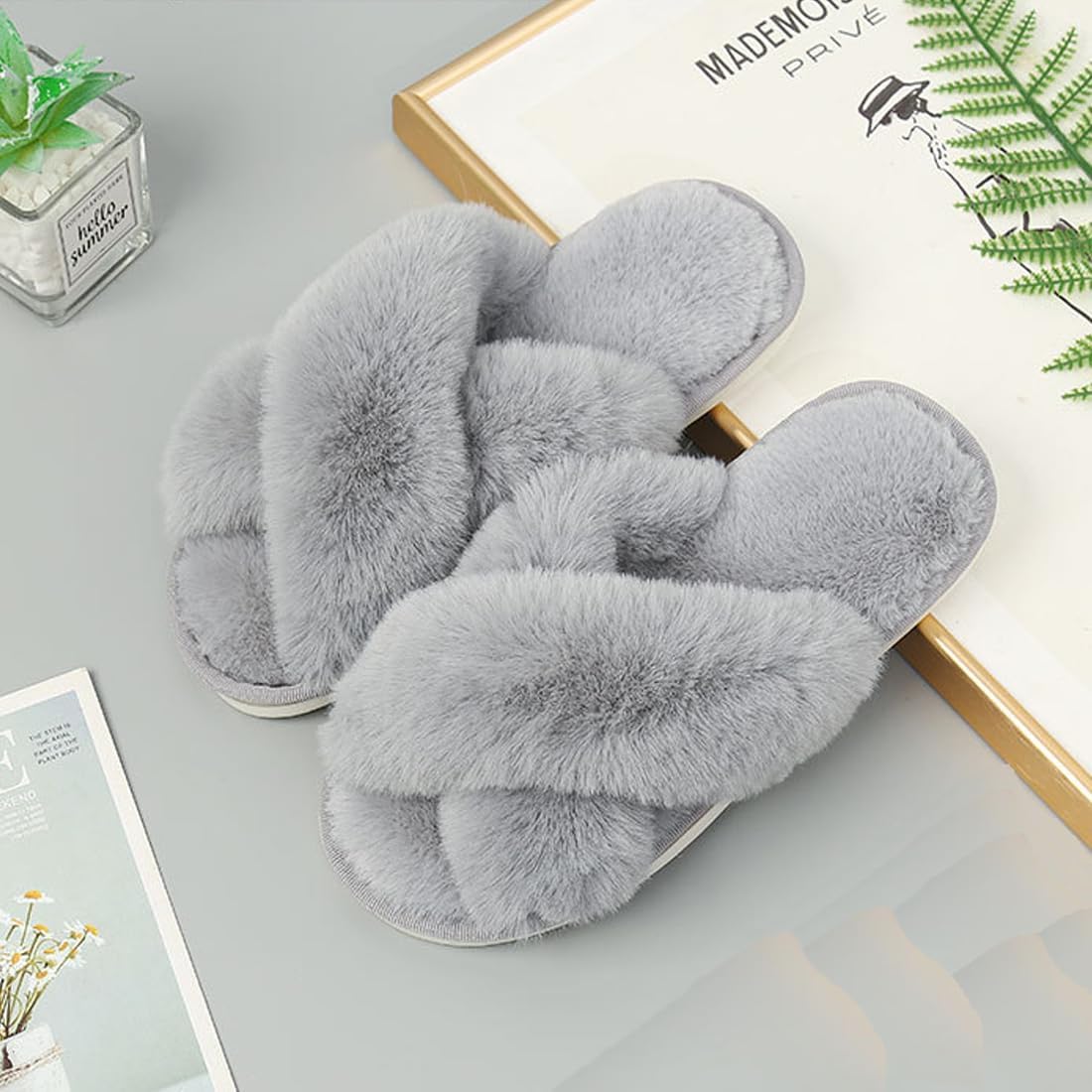 Thumbnail 5 de Milaloko Frauen Fluffy Cross Band Hausschuhe – Kuschelige Open-Toe Plüsch-Pantoffeln