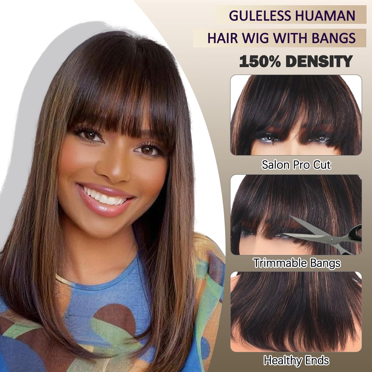 Thumbnail 1 de ManeMajesty Perruque Bob Court Ombré avec Mèches – Cheveux Humains, 46 cm, Frange, Sans Dentelle